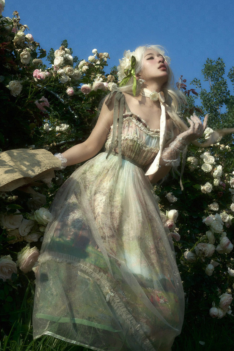 Green Oil Painting – Spring Sleeveless Print Ruffle Bowknot Lace Sweet Lolita Jsk Dress