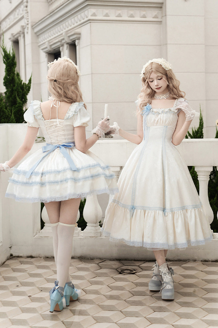 Ivory Sea Salt Iced Tea Square Collar Flying Sleeves Ruffle Fishbone Sweet Lolita Jsk Long Dress