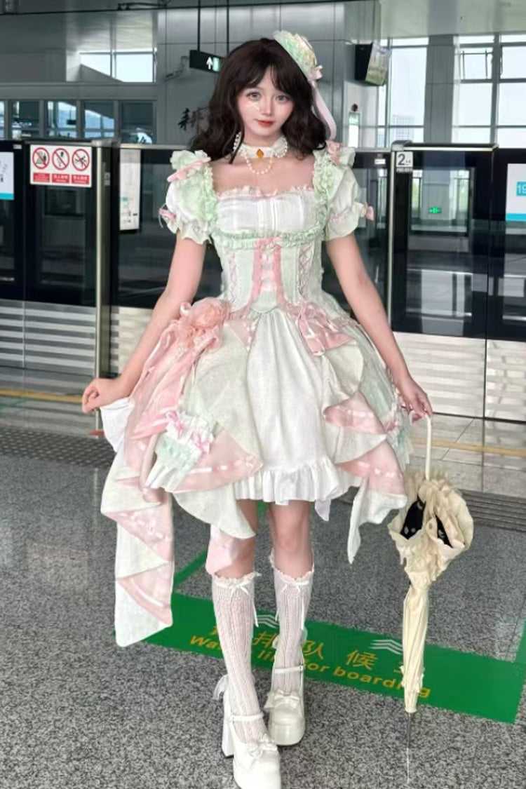 Spring Overture Square Collar Short Sleeves Ruffle Cardigan Bowknot Lace Sweet Elegant Lolita Skirt Set 4 Colors