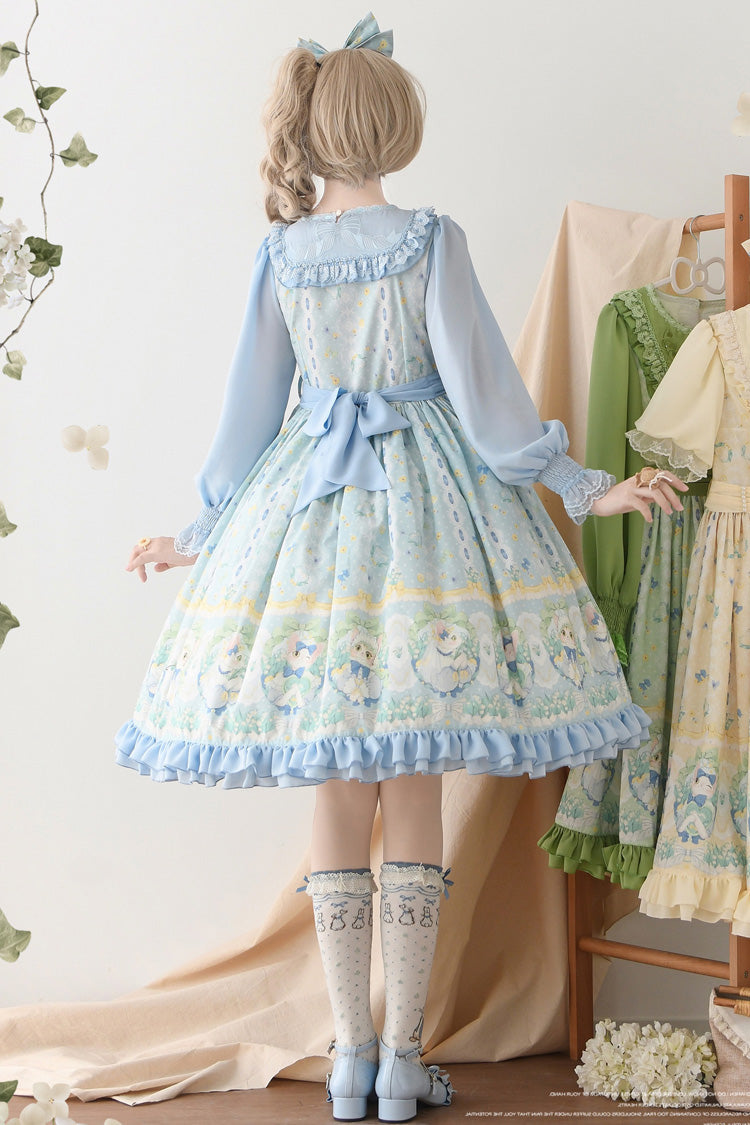 Blue Lily of the Valley Cat Print Ruffle Embroidery Bowknot Sweet Lolita Dress