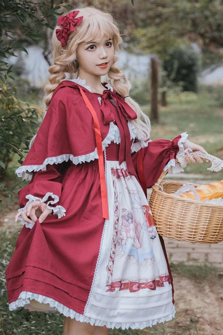 Red Little Red Riding Hood Sleeveless Print Ruffle Bowknot Sweet Princess Lolita Jsk Dress