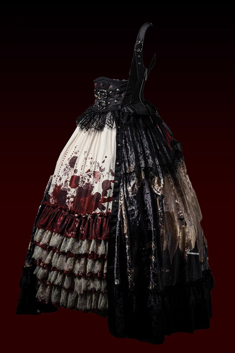 Heretical Nun Sleeveless Multi-Layered Printed Ruffled Open-Front Gothic Plus Size Lolita Strap Dress Long Version 2 Colors