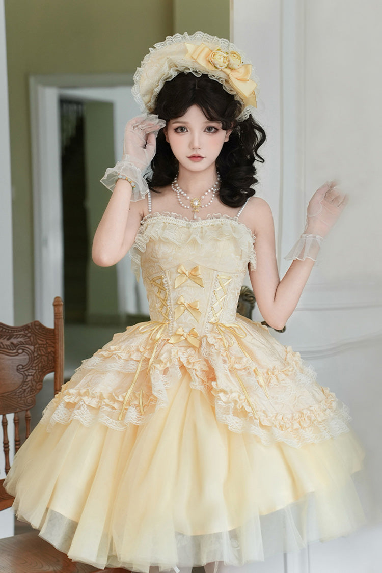 Yellow Sissi's Pilgrimage Off Shoulder Ruffle Bowknot Lace Sweet Lolita Skirt (Short Version)