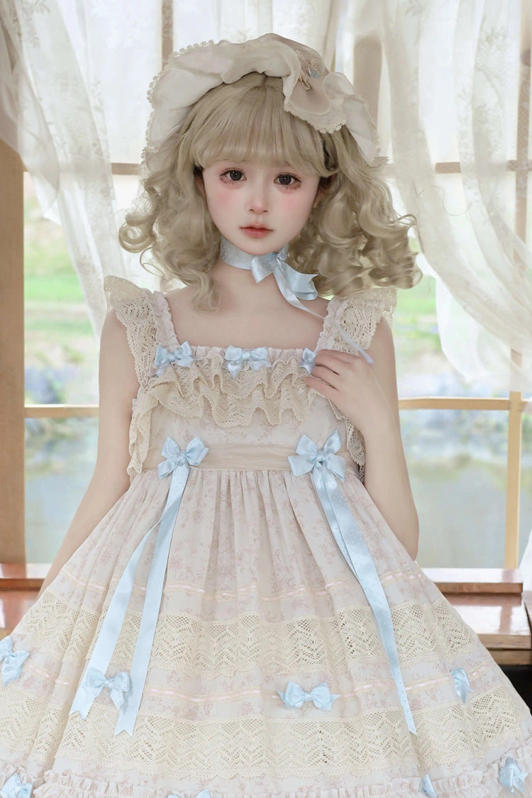 Beige Little Wind Chime Sleeveless Multi-Layered Printed Ruffled Bow Lace Sweet Elegant Princess Lolita Jsk Dress