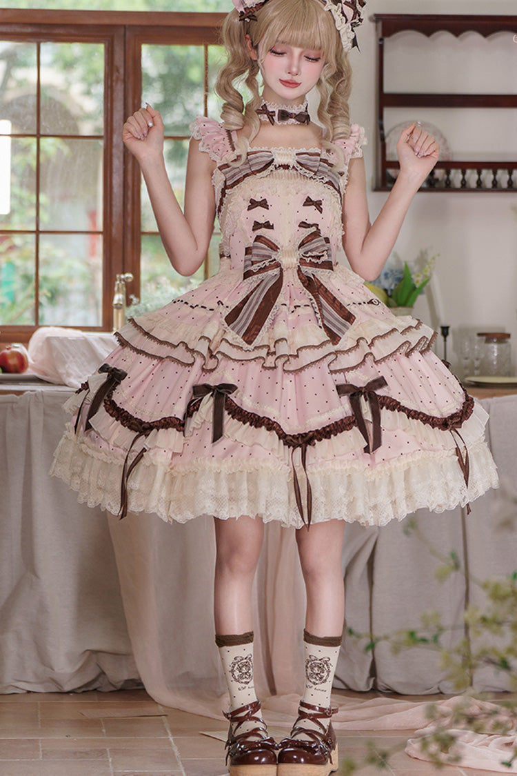 Pink Shengqiao Tata Sleeveless Print Ruffle Bowknot Lace-Up Sweet Elegant Lolita Jsk Dress