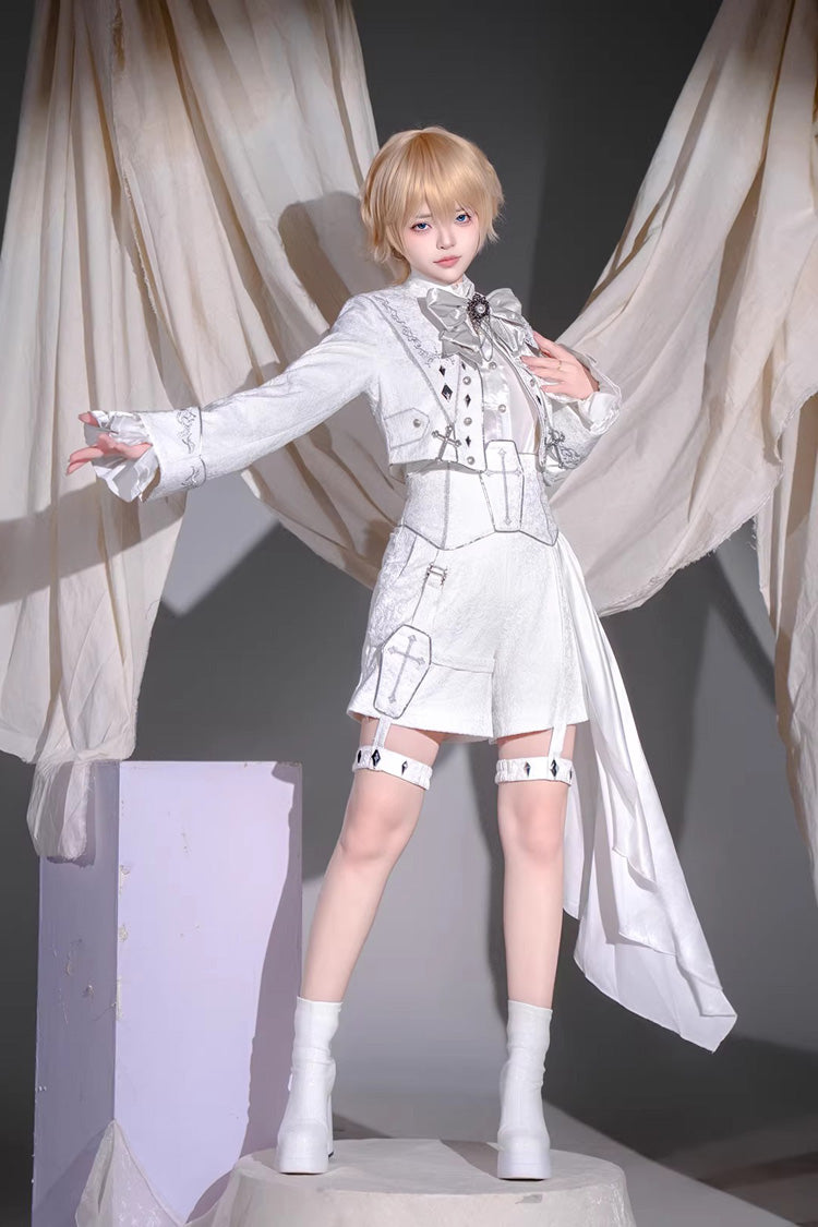 White Silver-White Sacred Pact Bow Asymmetric Gothic Prince Palace Ouji Lolita Shorts Coat Four-Piece Set