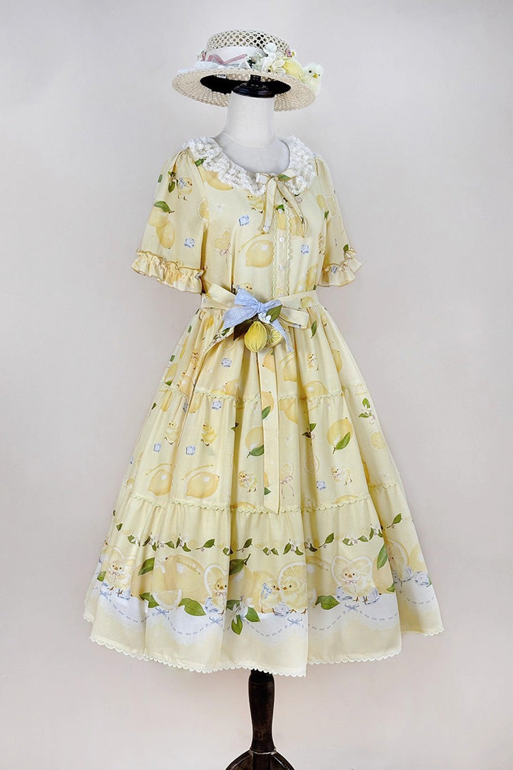 Yellow Lemon Chicken Short Sleeves Print Ruffle Bowknot Lace Daily Sweet Lolita Dress