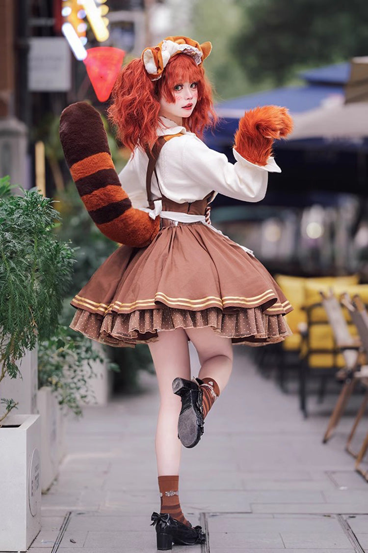 Brown Raccoon Ruffle Bowknot Sweet Lolita Strap Dress