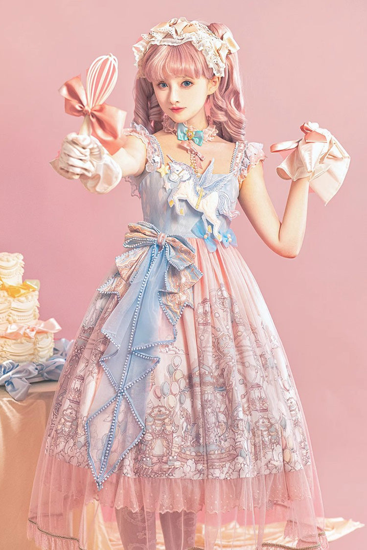 Pink Cloud Paradise Print Ruffle Embroidery Bowknot Lace Sweet Lolita Jsk Dress