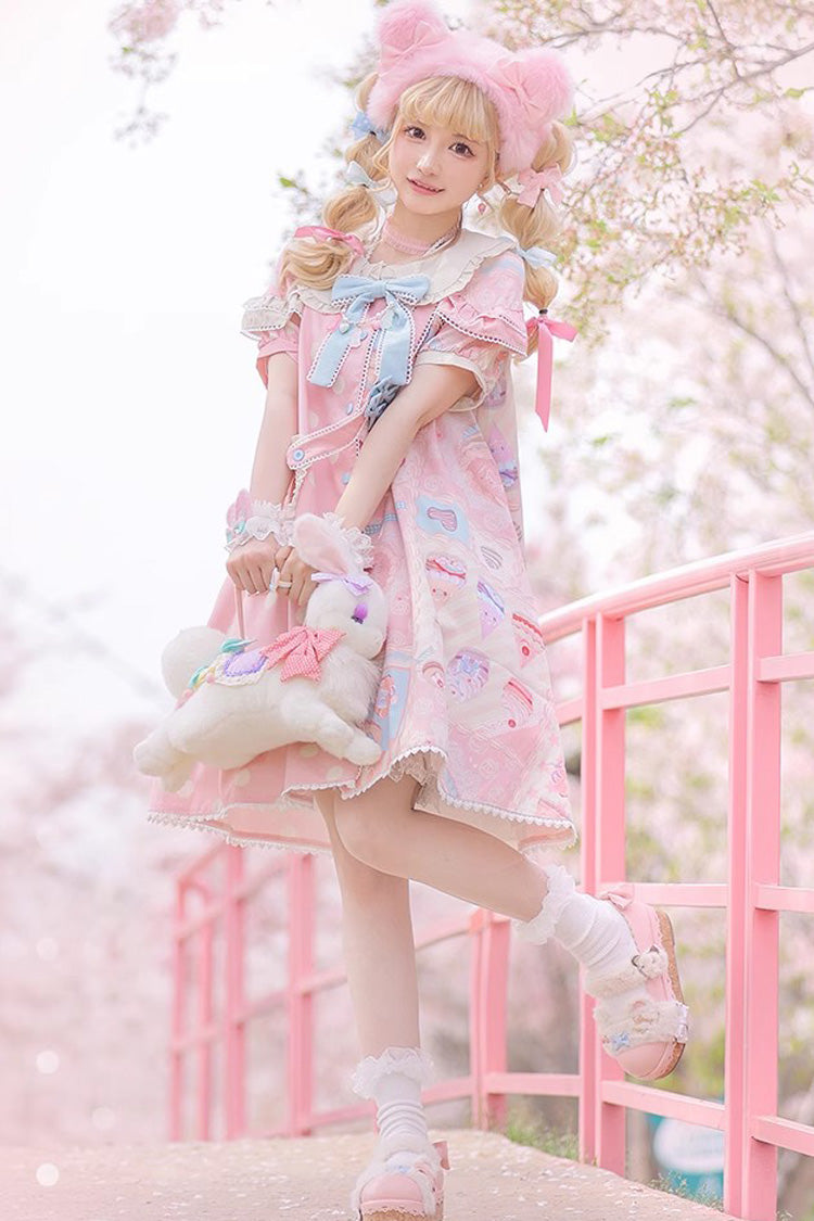 Cake Chocolate Dessert Print Short Sleeves Ruffle Bowknot Sweet Lolita Dress 2 Colors