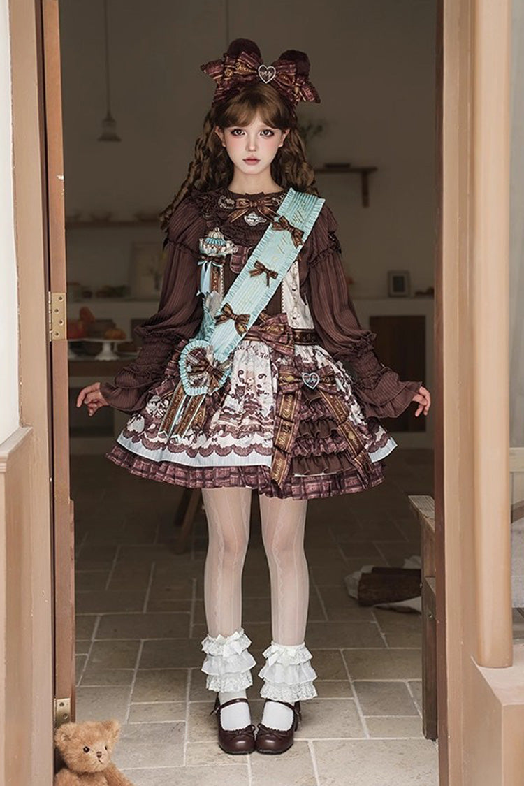 Brown Teddy Bear Chocolate Sleeveless Print Ruffle Side Cardigan Bowknot Asymmetric Sweet Lolita Strap Dress