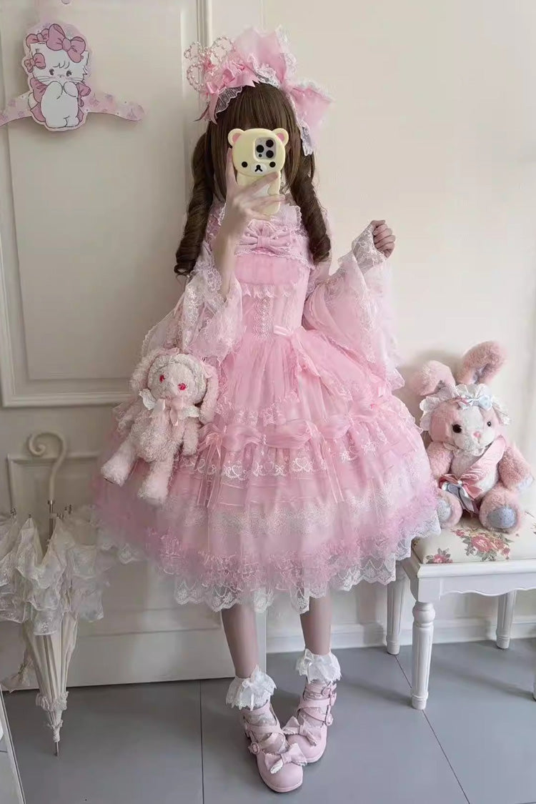 Pink Sugar Heart Knot Multi-Layered Ruffled Bow Lace Sweet Lolita Jsk Dress