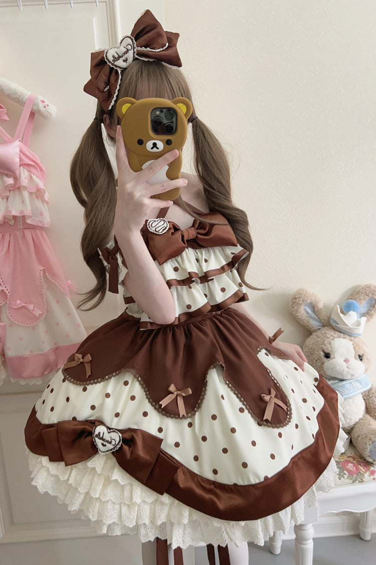 Chocolate Brown Cream Multi-Layered Polka Dots Print Ruffle Bowknot Sweet Lolita Jsk Dress