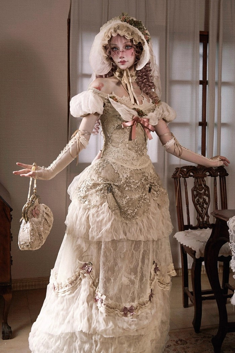 Light Brown Cupid's Poetry Box Boat Neck Short Puff Sleeves Ruffled Cut-Out Embroidered Bow Lace Gothic Elegant Lolita Skirt Dress and Top Set