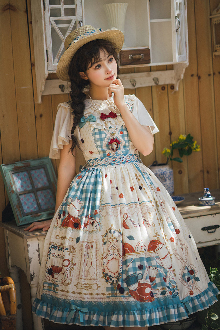 Blue/Green Tea Party Print Ruffle Bowknot Lace Sweet Elegant Lolita Jsk Dress
