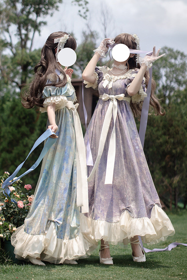 Purple Oil Painting Sun and Moon Poem Short Sleeves Print Ruffle Bowknot Sweet Princess Lolita Dress