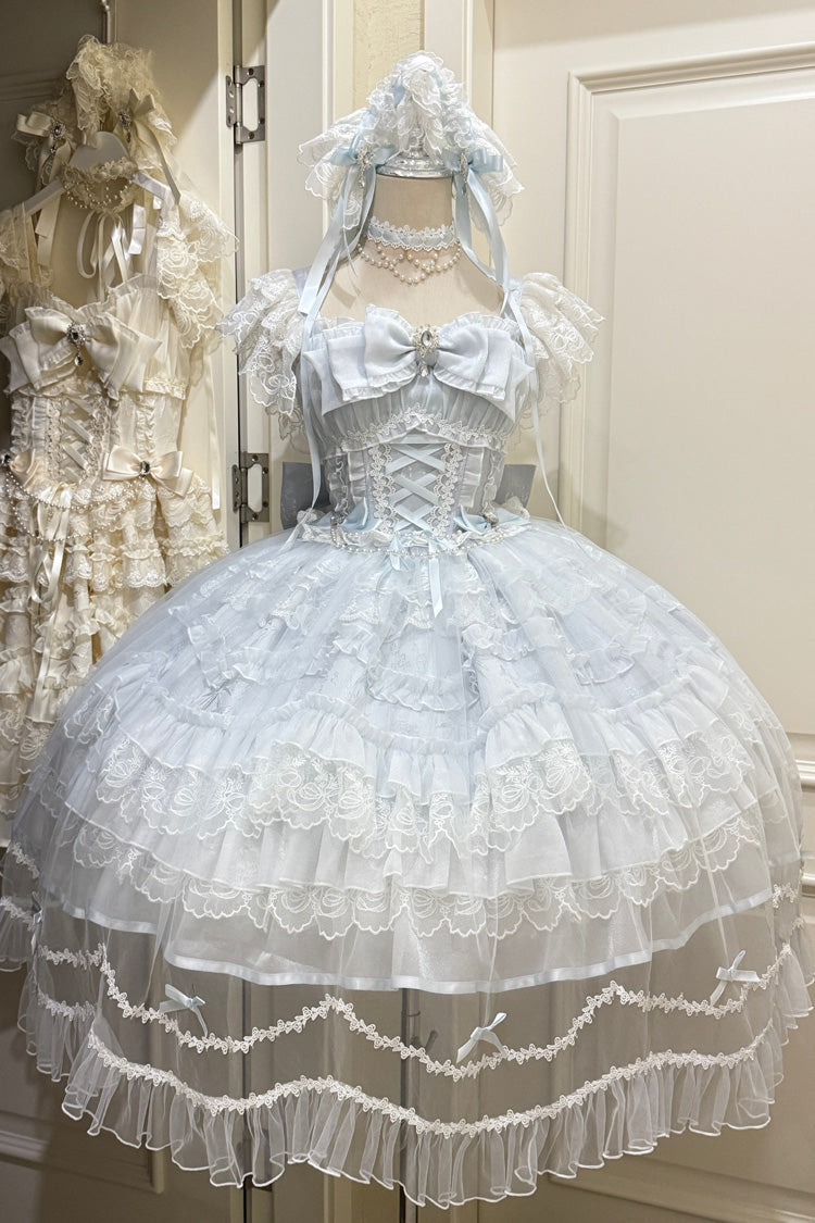 Blue Eternal Vow Sleeveless Multi-Layered Ruffle Hanayome Bowknot Lace Lace-Up Sweet Lolita Jsk Dress
