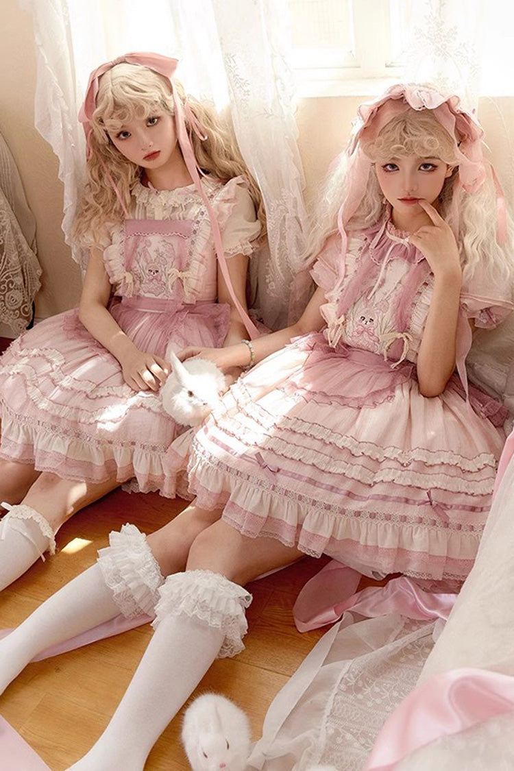 Pink Rabbit Print Sweet Dream Girl Short Sleeves Ruffle Bowknot Stitching Lace Lolita Dress