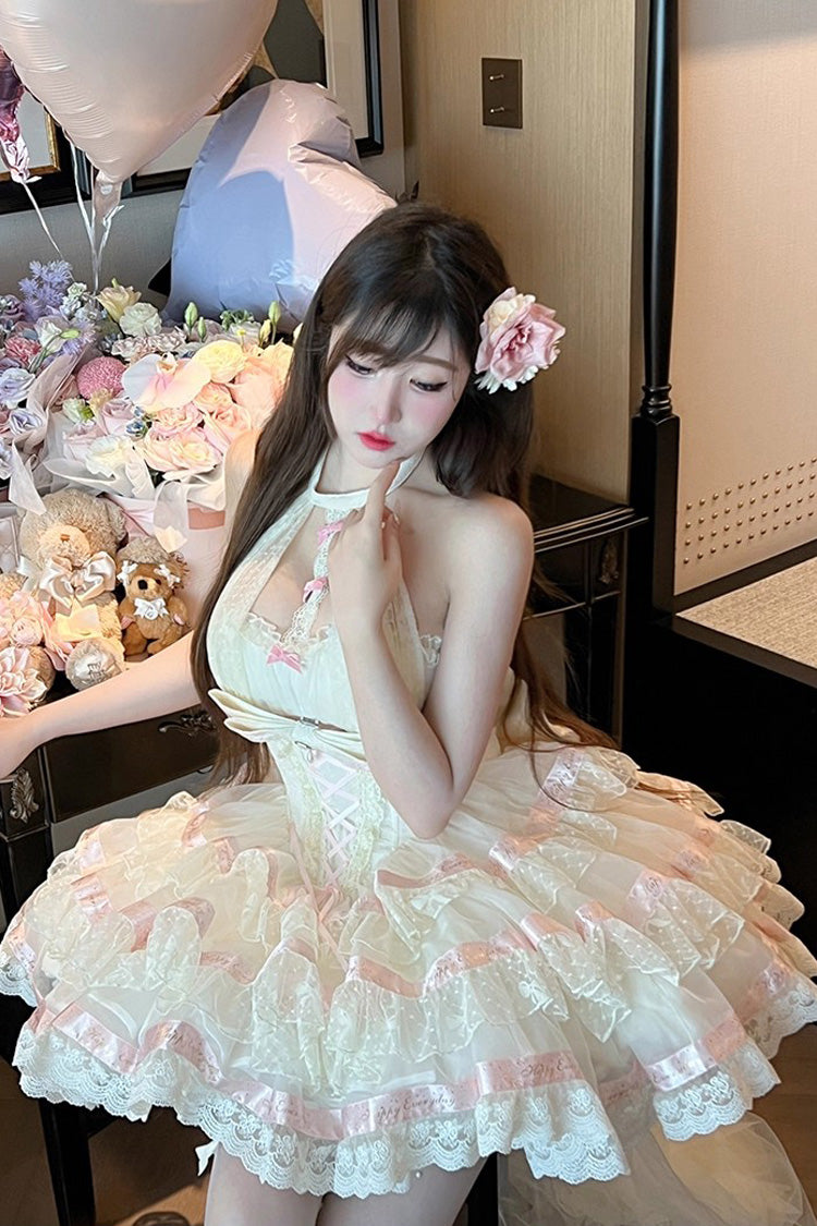 Beige Ballet Dream Halterneck Triple-Layered Ruffle Bowknot Lace-Up Sweet Princess Lolita Dress