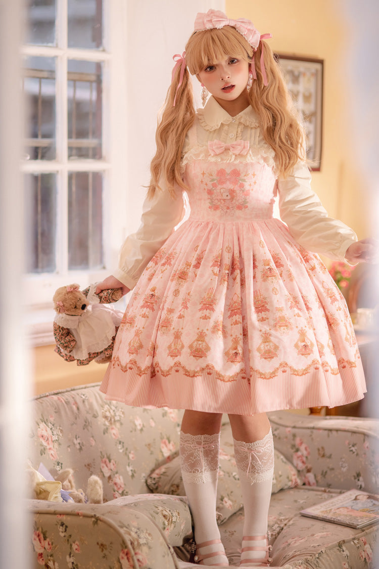Pink Rose Garden Rabbit Print Ruffle Bowknot Sweet Lolita Dress