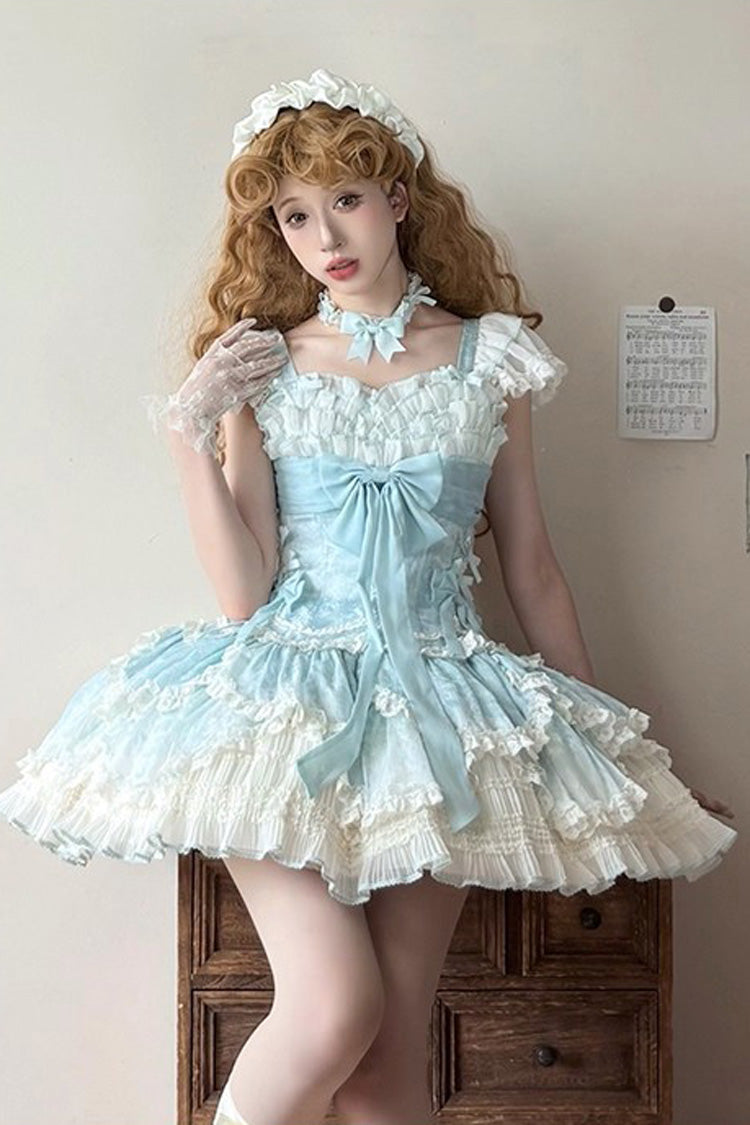 Green Floral Dream Short Sleeves Multi-Layered Ruffle Embroidery Bowknot Lace-Up Sweet Elegant Ballet Lolita Jsk Dress