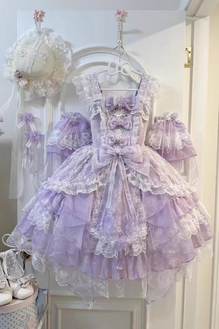 Purple Spring Waters Reflecting Pear Blossoms Ruffled Embroidered Open-Front Bow Lace Sweet Lolita Jsk Dress