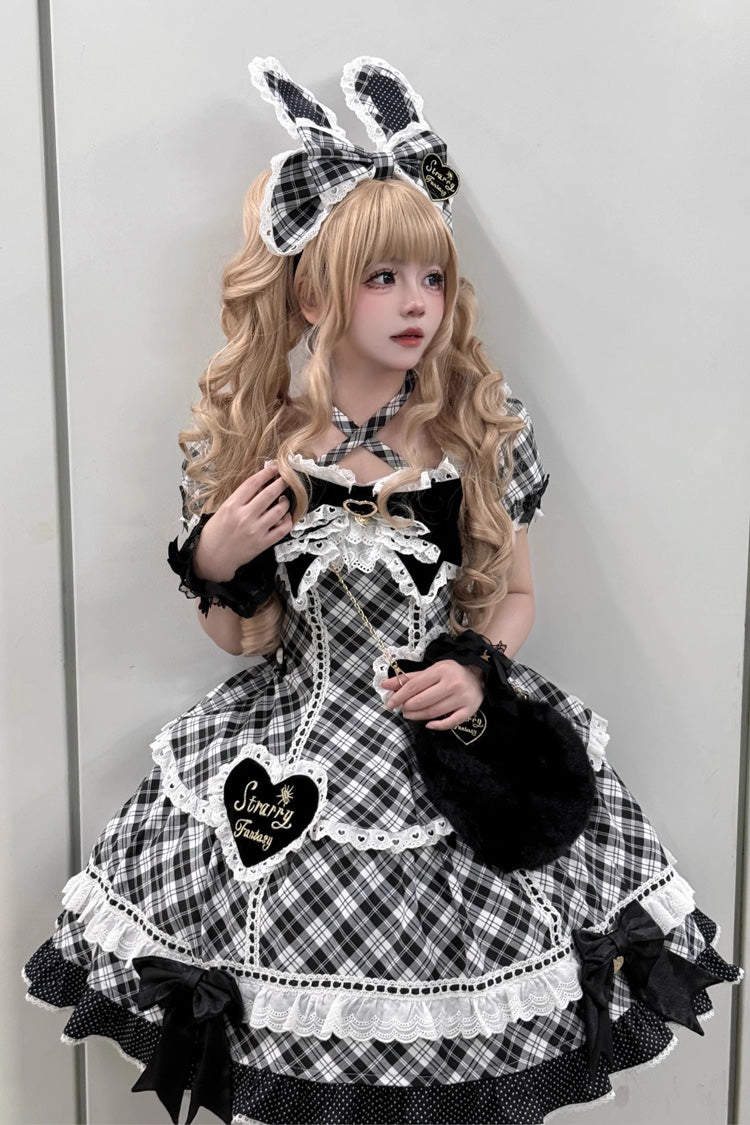 Black/White Shibuya Sweetheart Short Sleeves Plaid Print Ruffle Bowknot Sweet Lolita OP Dress (Plus Size Support)