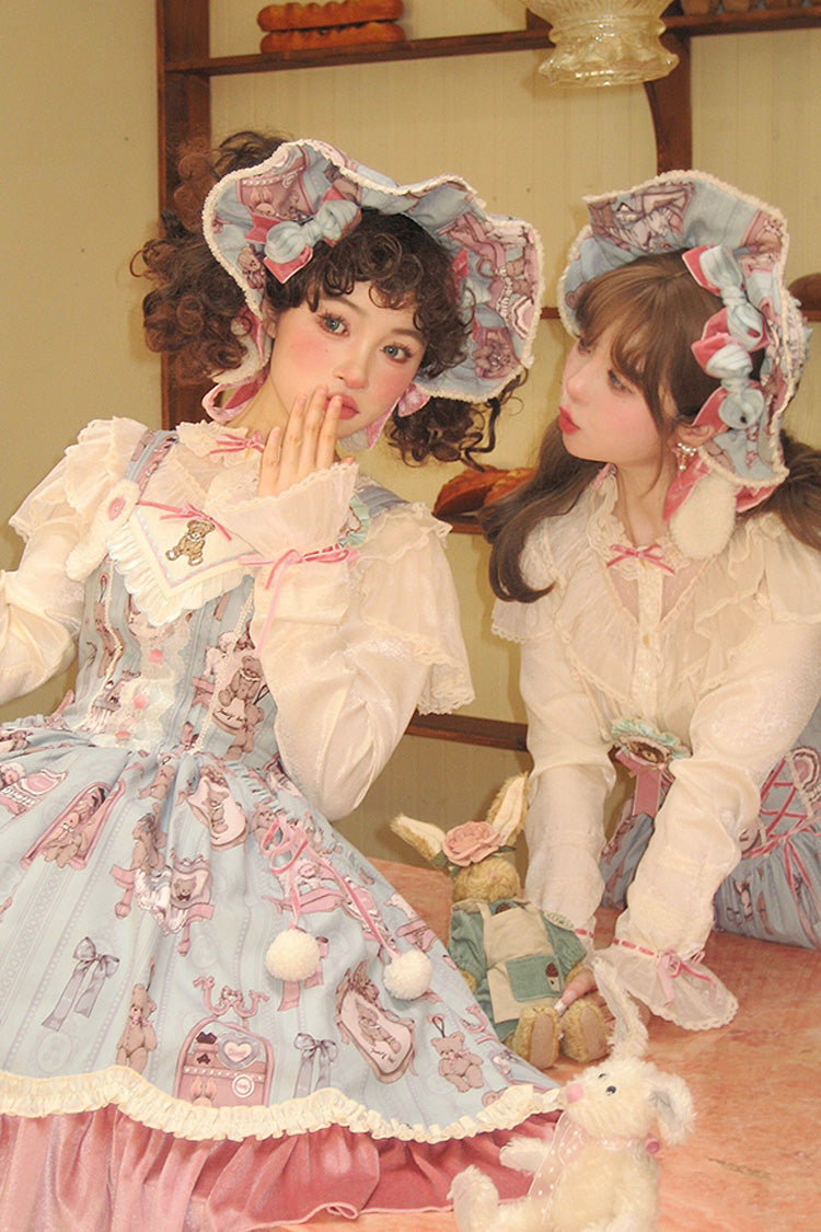 Pink/Green Bear Doll Wall Print Ruffle Embroidery Bowknot Sweet Corset Lolita Jsk Dress