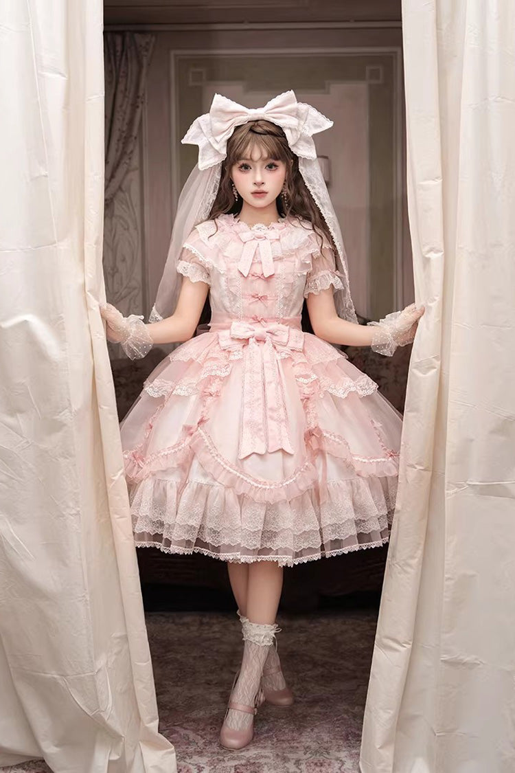 Pink Candy Flavor Round Collar Short Sleeves Ruffled Bow Lace Sweet Gorgeous Lolita OP Dress