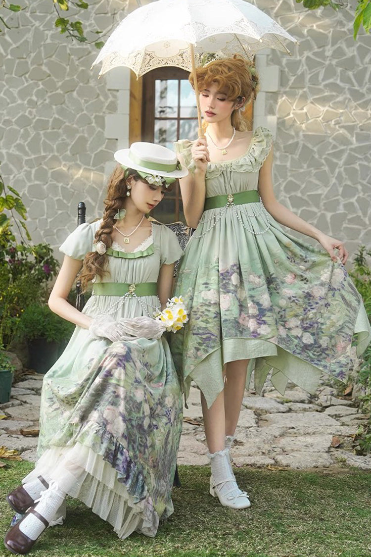 Green Blooming Roses Print Oil Painting Chiffon Short Sleeves Ruffle Bowknot Sweet Lolita Dress