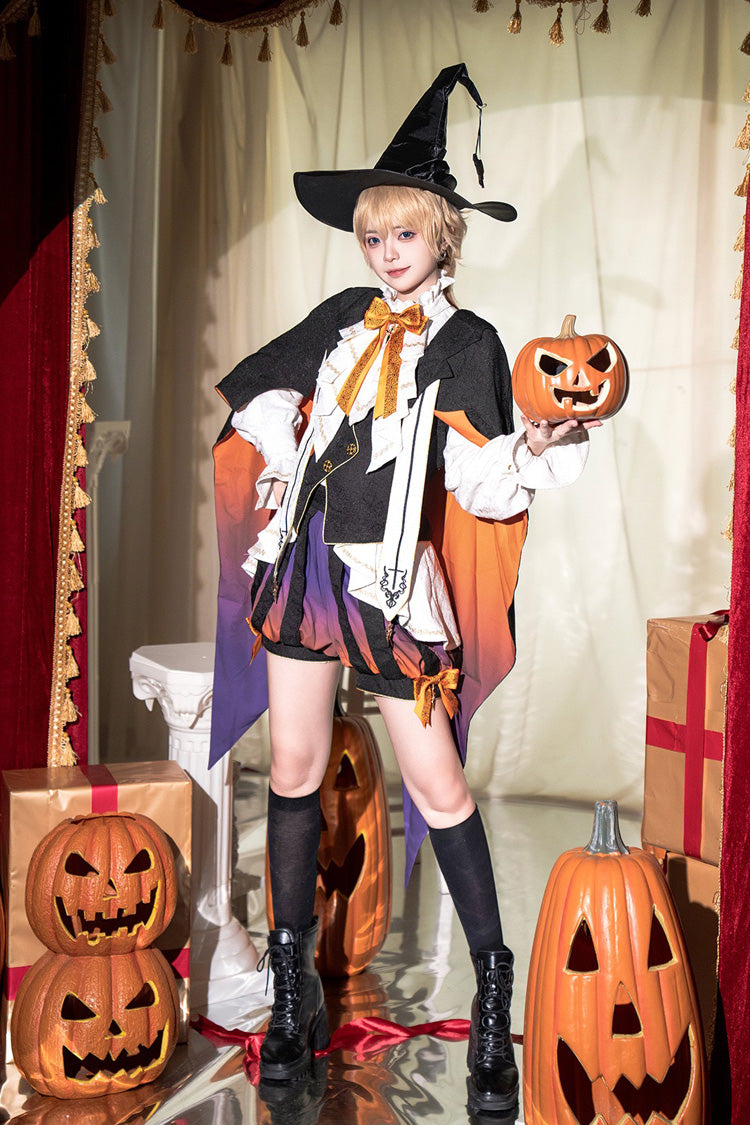 Black/Brown Little Devil Stand Collar Long Sleeves Gradient Print Ruffle Bowknot Gothic Prince Ouji Lolita Set