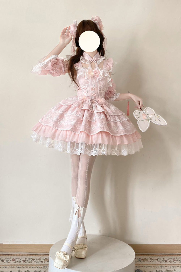 Pink Rain of Peaches Sleeveless Multi-Layered Bowknot Lace Sweet Chinese Style Lolita Jsk Dress