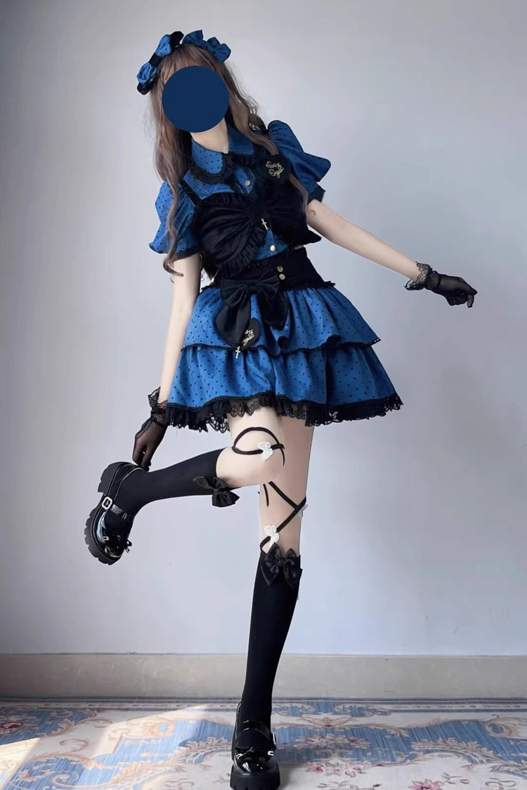 Blue/Black Multi-Layer Polka Dot Print Bowknot Princess Sweet Lolita Skirt Set