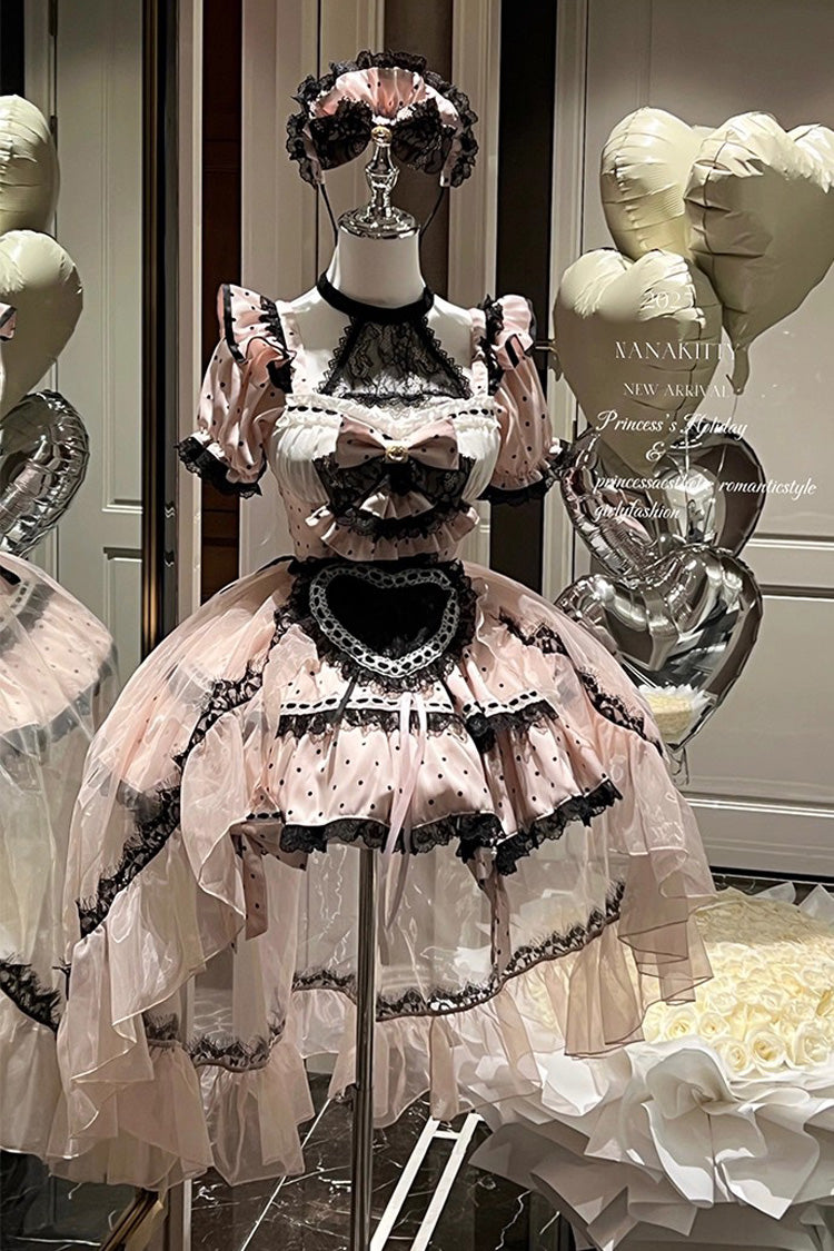 Pink Apprentice Cupid Halterneck Short Sleeves Print Ruffle Bowknot Lace Maid Sweet Lolita Dress