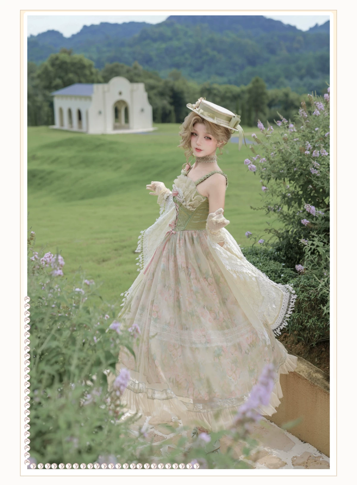 Green Floral Sleeveless Corset Ruffled Mesh Sweet Princess Vintage Lolita Jsk Dress