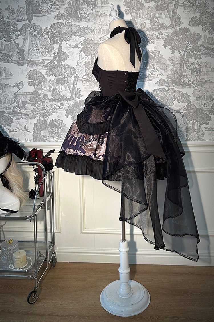 Black The Mystery of The Doll Halterneck Print Ruffle Bowknot Drawstring Gothic Lolita Dress