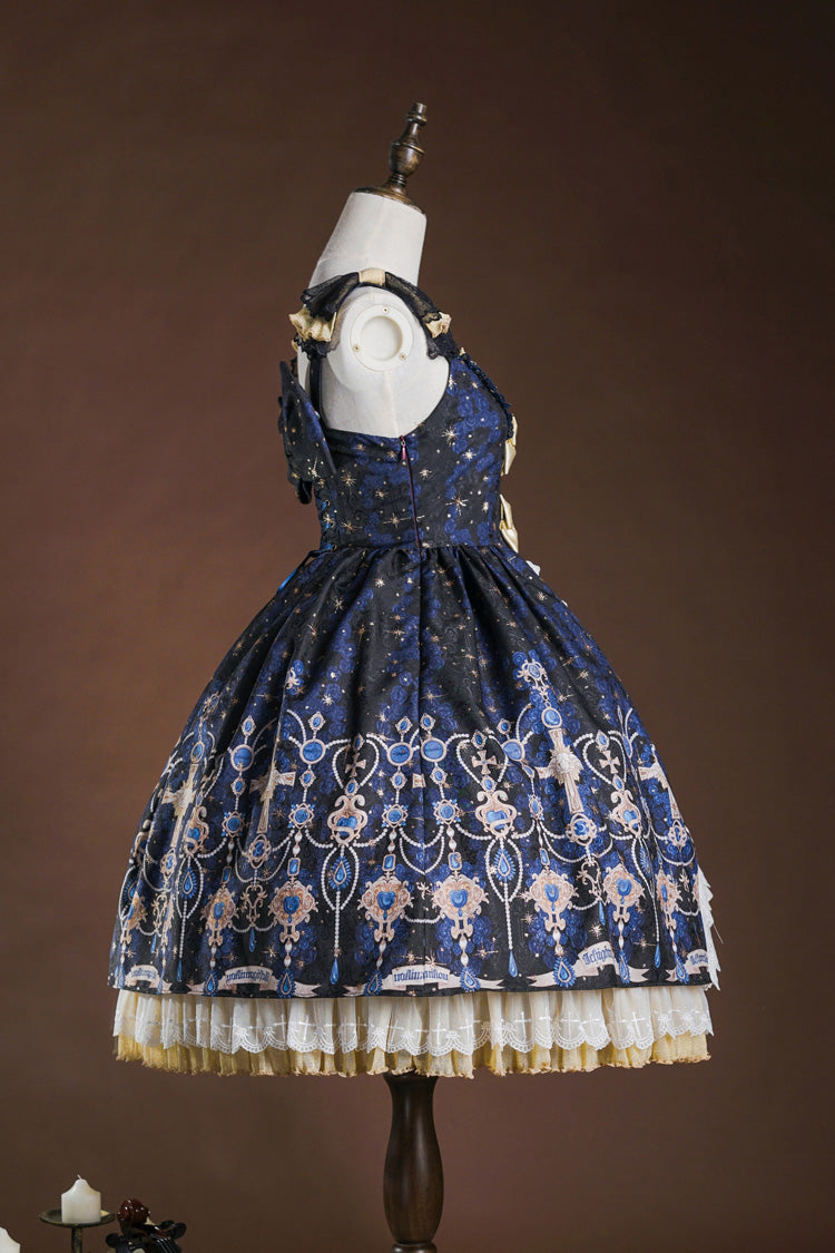 Blue/White Stone of Eden Triple-Layered Print Ruffle Hot Stamping Cardigan Bowknot Lace Elegant Sweet Lolita Jsk Dress
