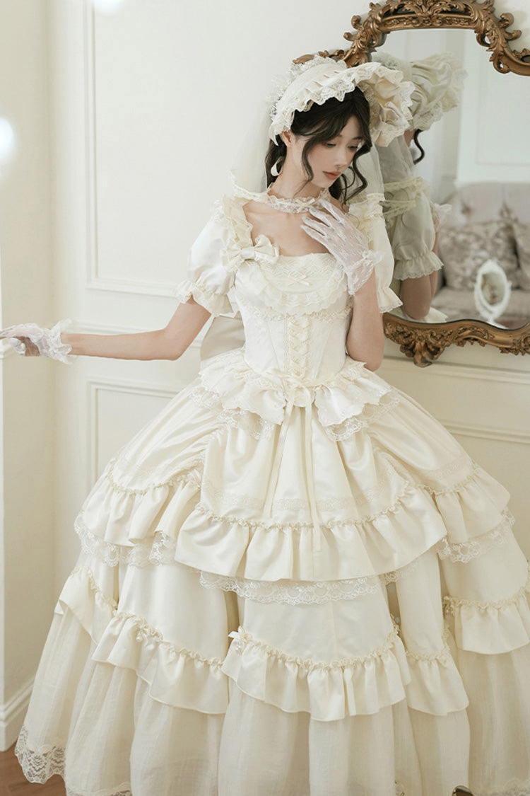 White Letters and Poems Square Collar Short Sleeves Ruffle Hanayome Bowknot Sweet Elegant Gorgeous Lolita Dress