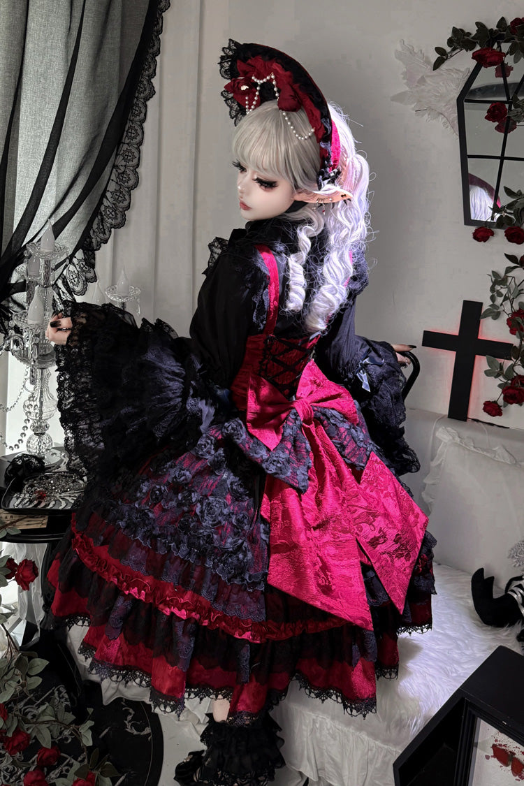 Black/Red Rose Princess Sleeveless Ruffle Bowknot Lace Lace-Up Gothic Ballet Lolita Jsk Dress