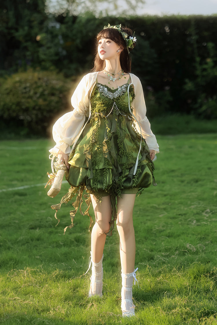 Green Children of the Forest Leaf Decoration Ruffle Irregular Sweet Lolita Jsk Dress Set