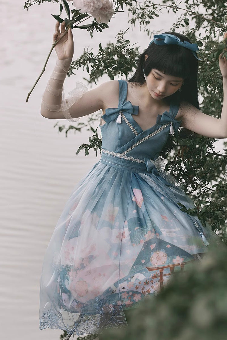 Multi-Color Mount Fuji Cherry Blossom Season Print Bowknot Alice Sweet Lolita JSK Dress