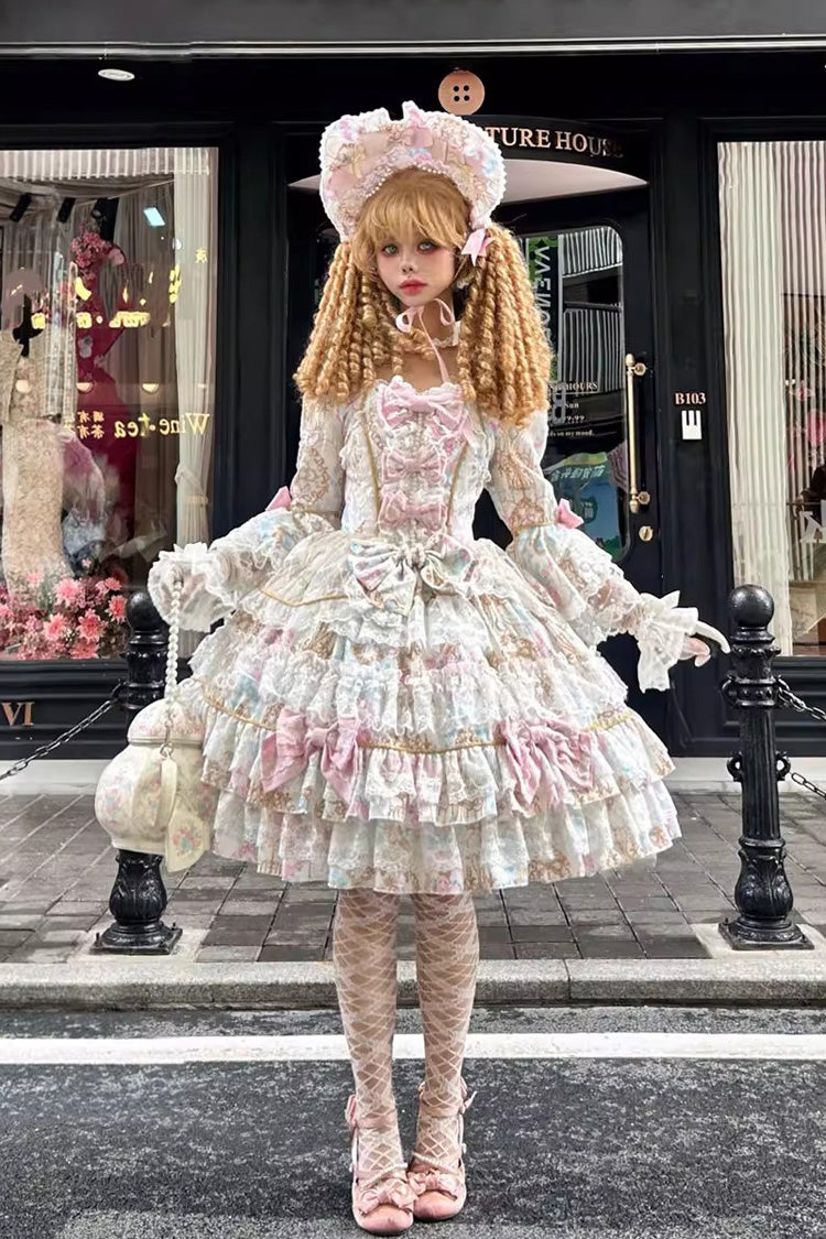 Apricot Candlelight Elegance Long Trumpet Sleeves Multi-Layered Ruffle Bowknot Lace Sweet Elegant Lolita Dress