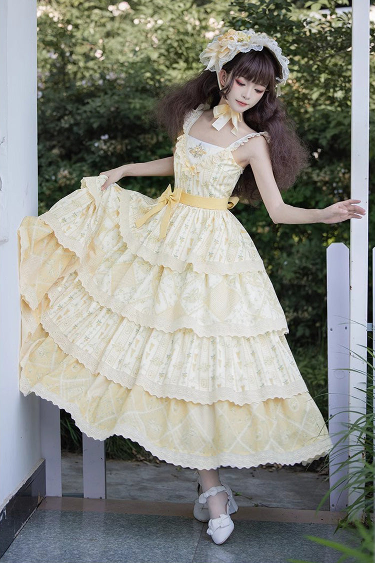 Yellow Multi-layer Sunflower Print Ruffle Embroidery Sweet Chinese Style Lolita Jsk Dress