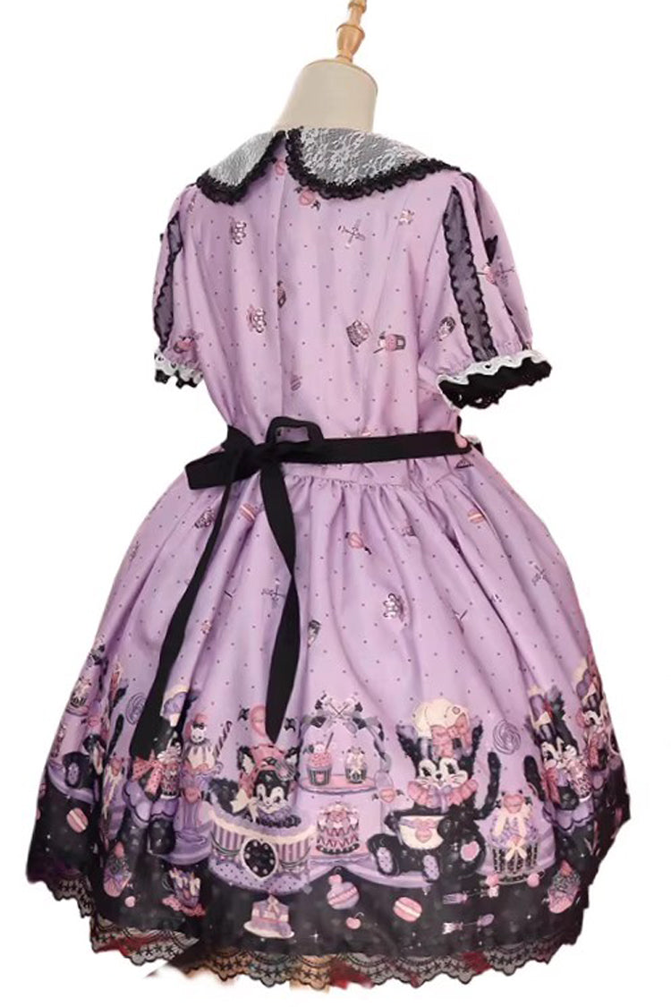 Purple Devil Cat Print Short Sleeves Ruffle Bowknot Lace Gothic Lolita OP Dress (Plus Size Support)