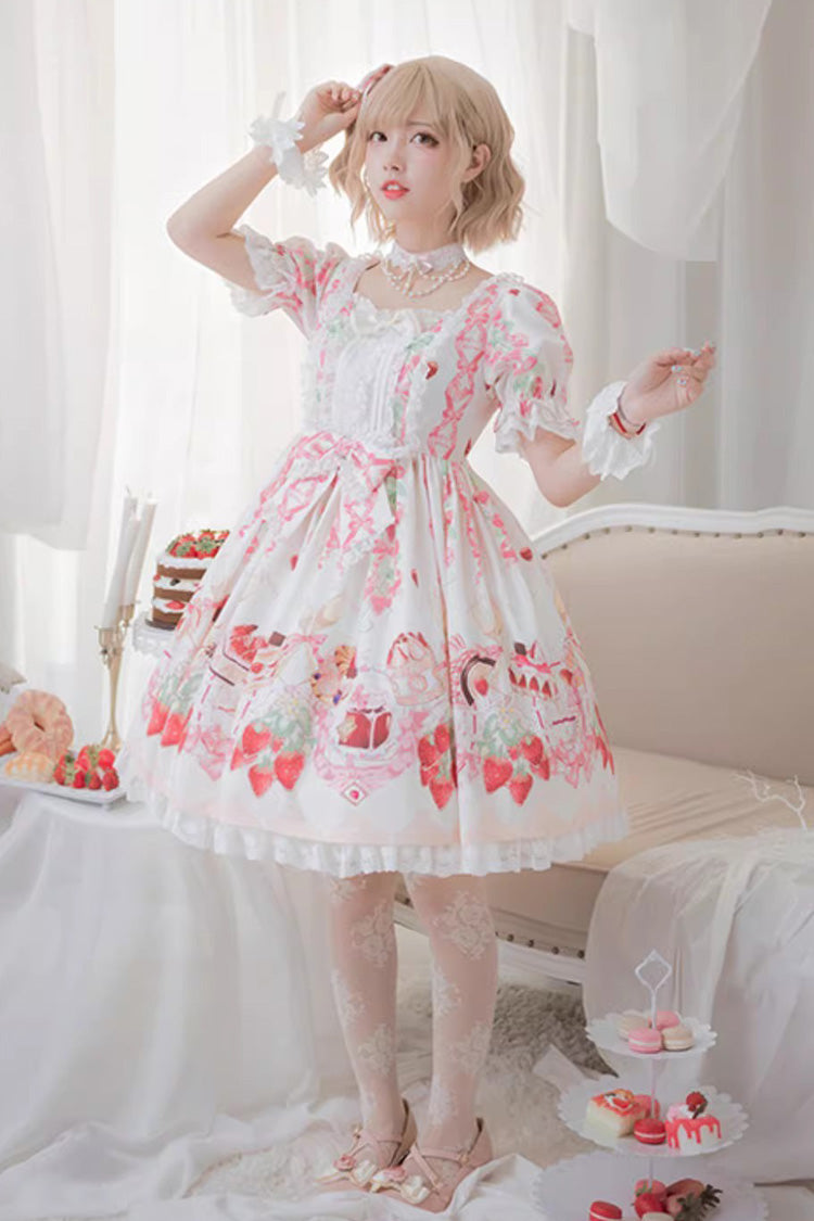Strawberry Feast Short Sleeves Printed Ruffled Bow Sweet Lolita Dress 4 Colors