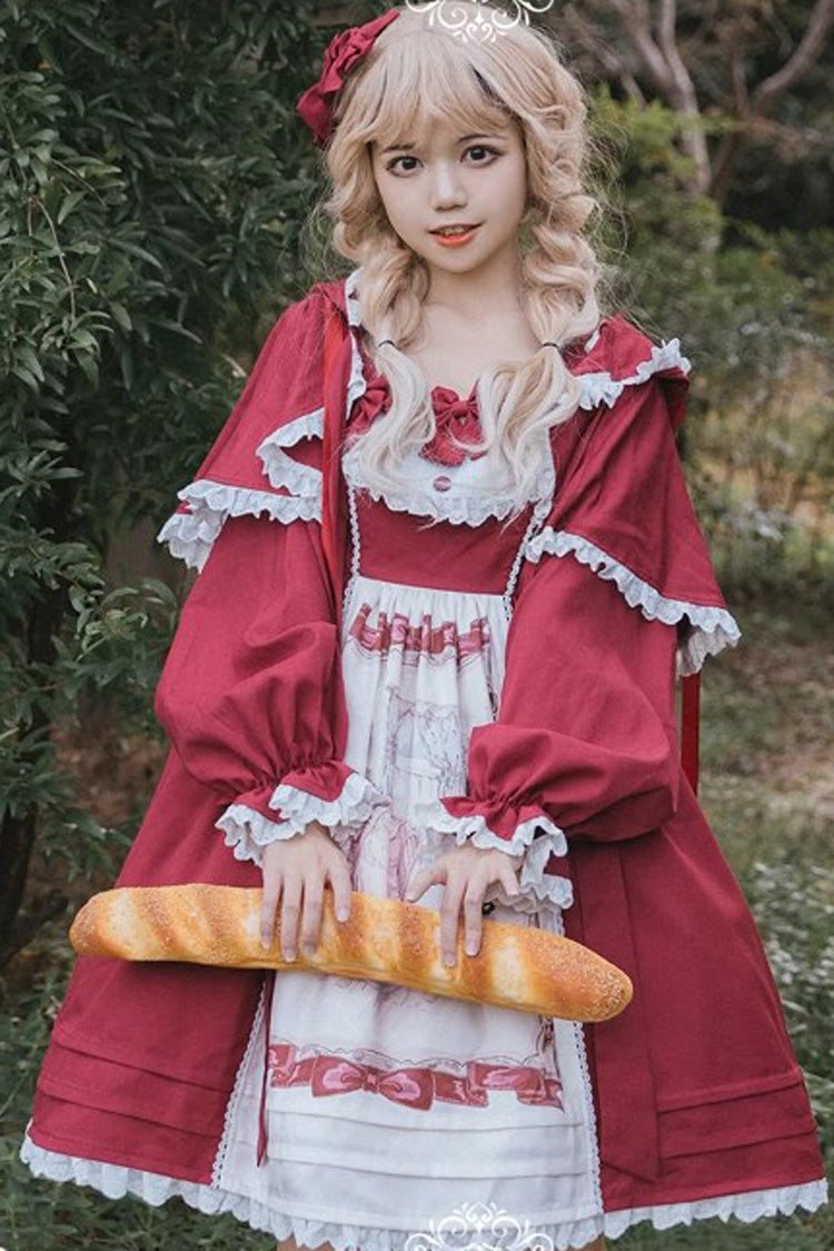 Red Little Red Riding Hood Sleeveless Print Ruffle Bowknot Sweet Princess Lolita Jsk Dress