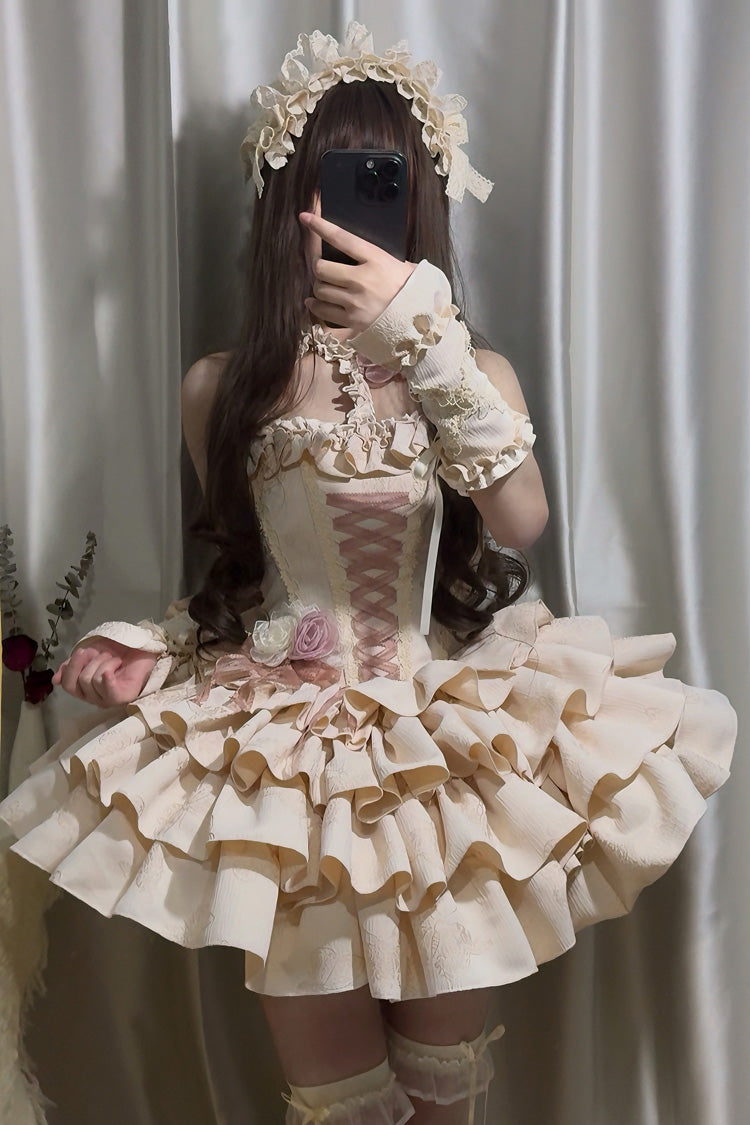 Sunset Venus Halterneck Sleeveless Multi-Layered Ruffle Bowknot Lace Fishbone Sweet Lolita Dress 2 Colors