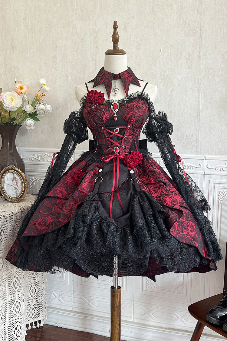 Red Rose Dish Ruffle Embroidery Cardigan Bowknot Lace-Up Gothic Lolita Jsk Dress