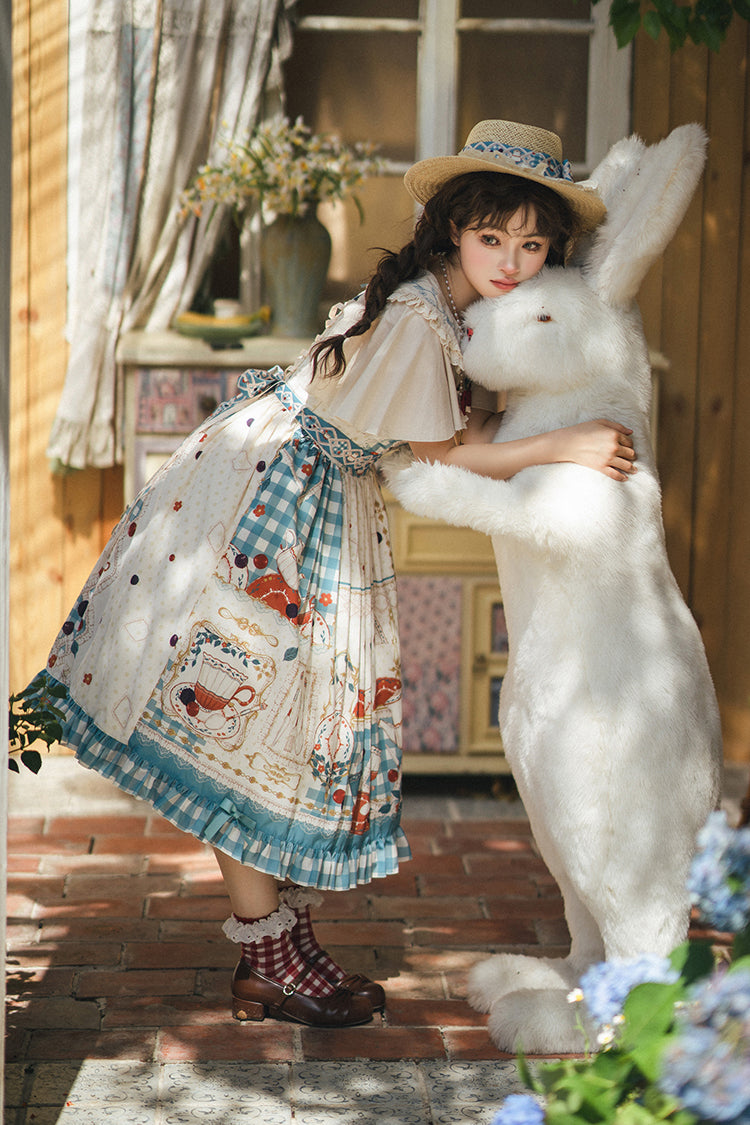 Blue/Green Tea Party Print Ruffle Bowknot Lace Sweet Elegant Lolita Jsk Dress