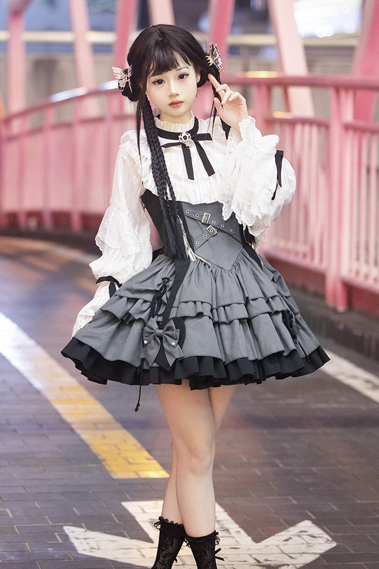 Black/Grey Machinist Sleeveless Multi-Layered Ruffle Bowknot Classic College Style Lolita Dress
